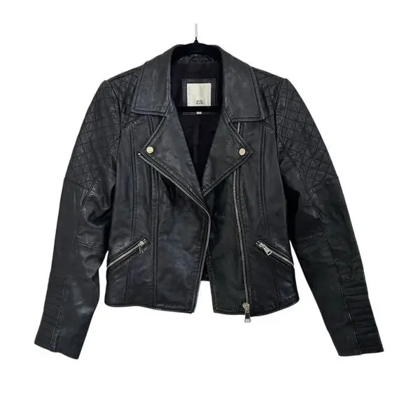 Vintage RIVER ISLAND Quilted Leather Moto Biker Black Jacket Size UK 12 US 8 - Picture 2 of 14